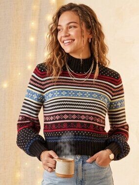 American Eagle Fair Isle Mock Neck Sweater Small Black Multi Color Knit Boho Coz